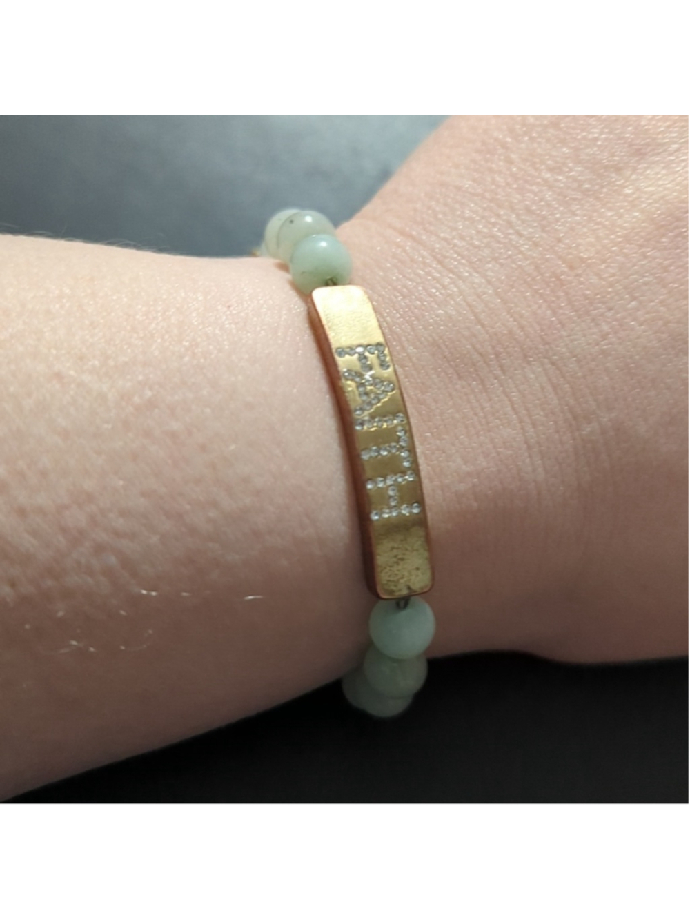 Gold Tone Green Aventurine Gemstone Beaded Rhinestone Faith Slide Knot Bracelet